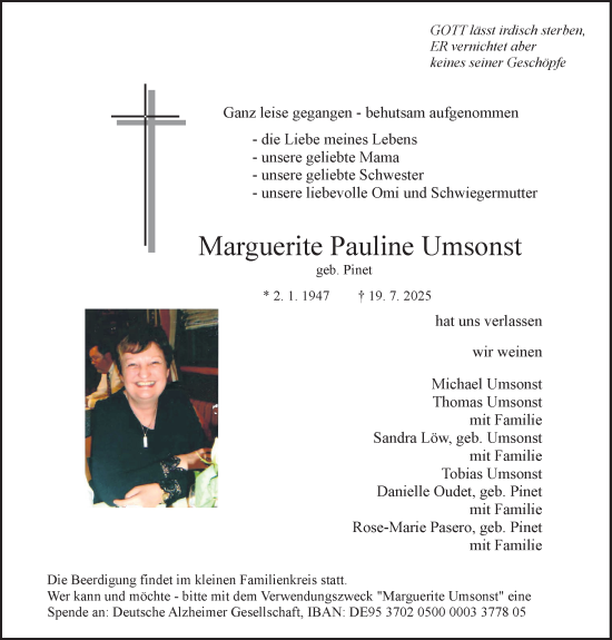 Traueranzeige von Marguerite Pauline Umsonst von Allgemeine Zeitung Mainz