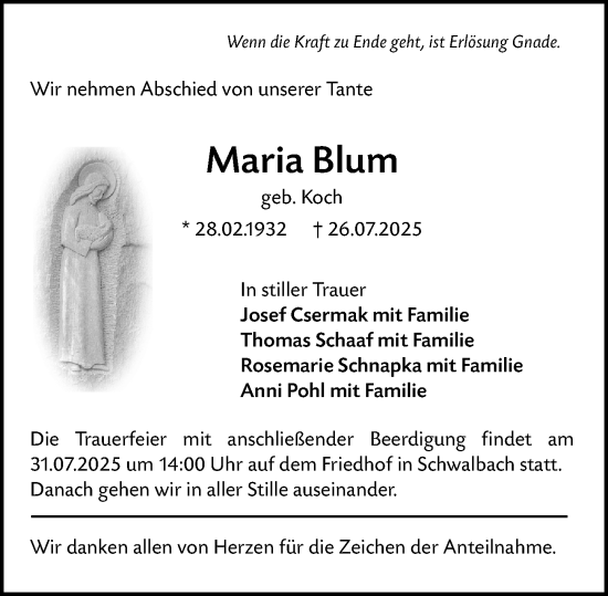 Traueranzeige von Maria Blum von Wetzlarer Neue Zeitung