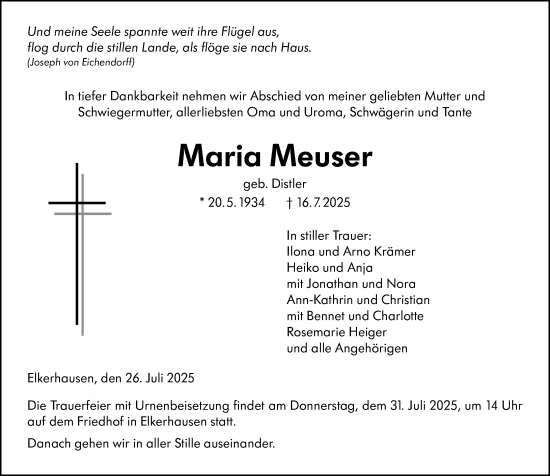Traueranzeige von Maria Meuser von Weilburger Tageblatt