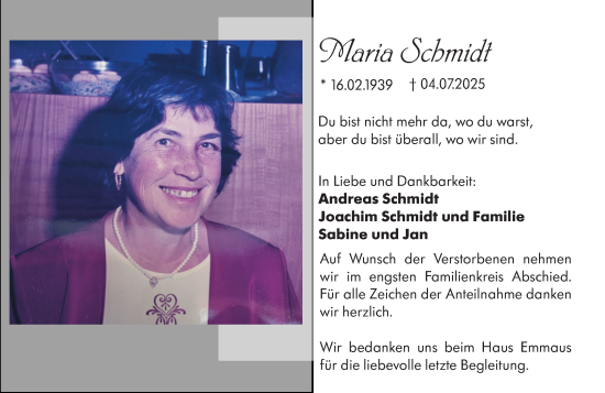Traueranzeige von Maria Schmidt von Wetzlarer Neue Zeitung