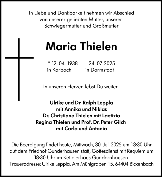Traueranzeige von Maria Thielen von Darmstädter Echo