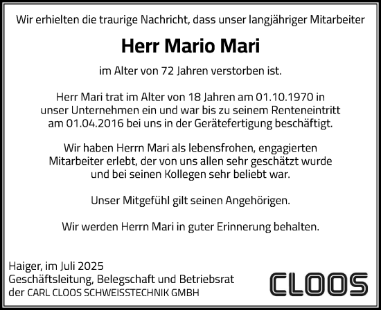 Traueranzeige von Mario Mari von Dill Block