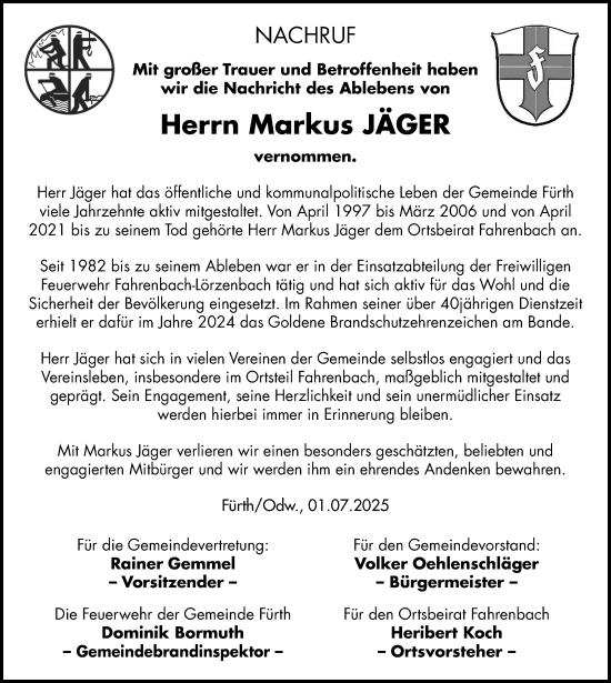 Traueranzeige von Markus Jäger von Starkenburger Echo