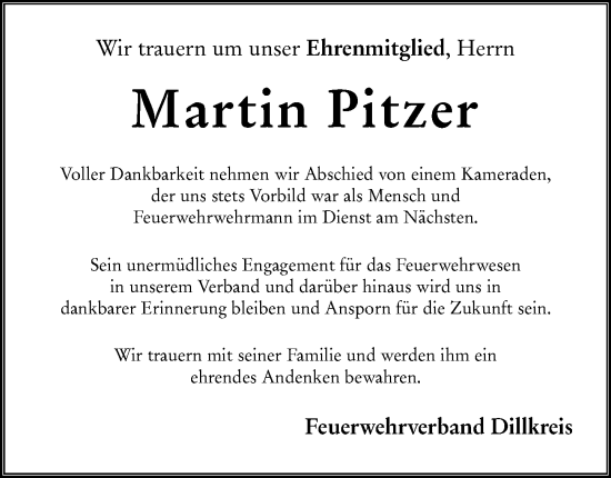 Traueranzeige von Martin Pitzer von Dill Block