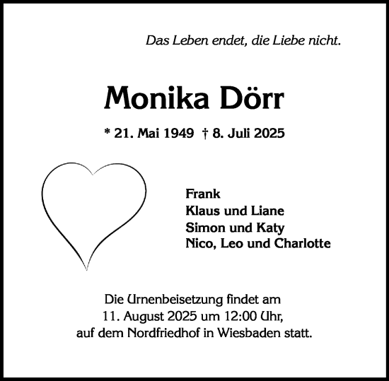 Traueranzeige von Monika Dörr von Wiesbadener Kurier