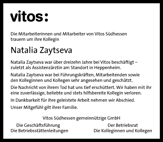 Traueranzeige von Natalia Zaytseva von Bergsträßer Anzeiger