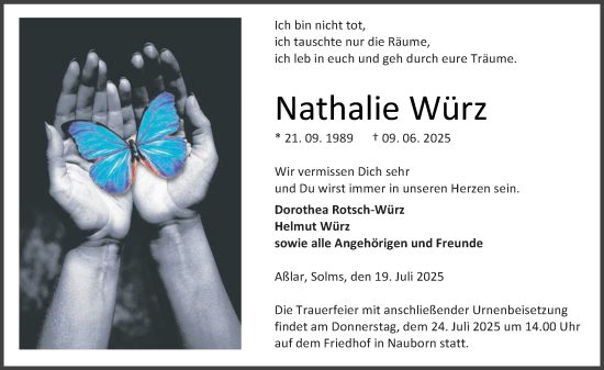 Traueranzeige von Nathalie Würz von Wetzlarer Neue Zeitung