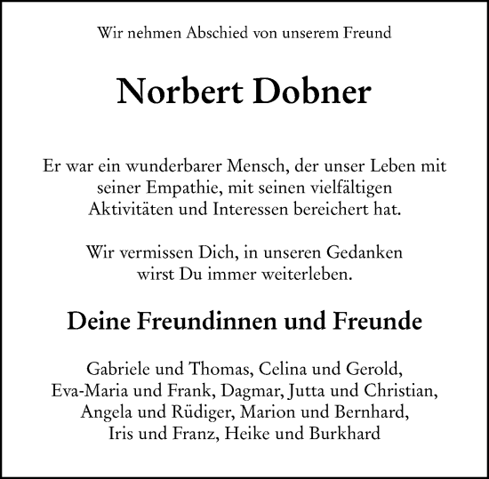 Traueranzeige von Norbert Dobner von Wiesbadener Kurier