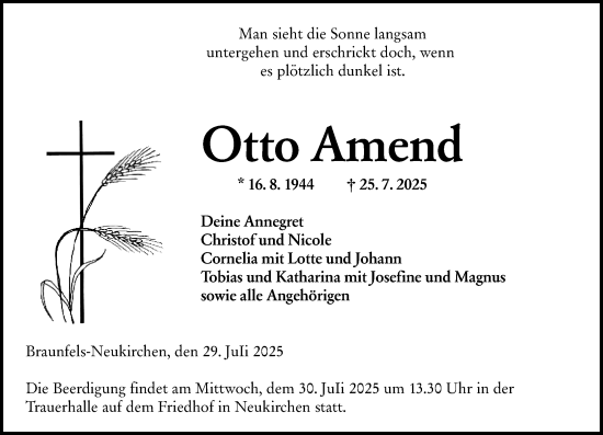 Traueranzeige von Otto Amend von Wetzlarer Neue Zeitung
