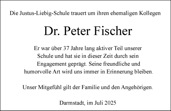 Traueranzeige von Peter Fischer von Darmstädter Echo