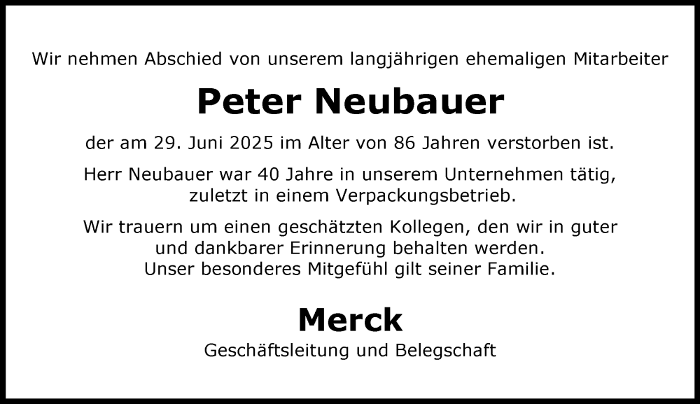  Traueranzeige für Peter Neubauer vom 12.07.2025 aus Darmstädter Echo