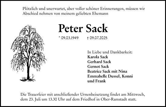 Traueranzeige von Peter Sack von Darmstädter Echo