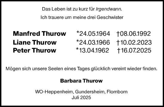 Traueranzeige von Peter Thurow von Allgemeine Zeitung Alzey