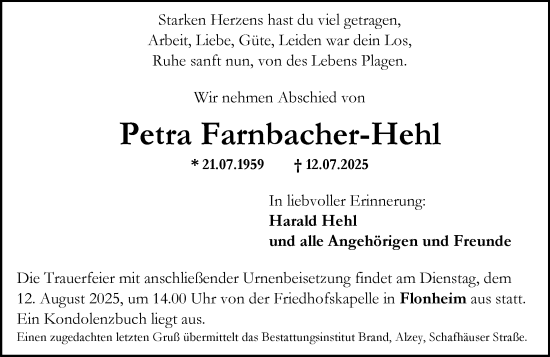 Traueranzeige von Petra Farnbacher-Hehl von Allgemeine Zeitung Alzey