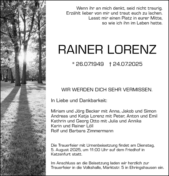 Traueranzeige von Rainer Lorenz von Dill Block
