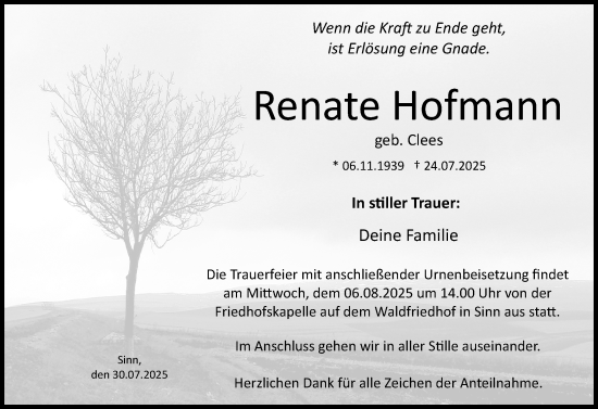 Traueranzeige von Renate Hofmann von Dill Block