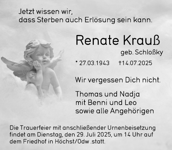 Traueranzeige von Renate Krauß von Odenwälder Echo