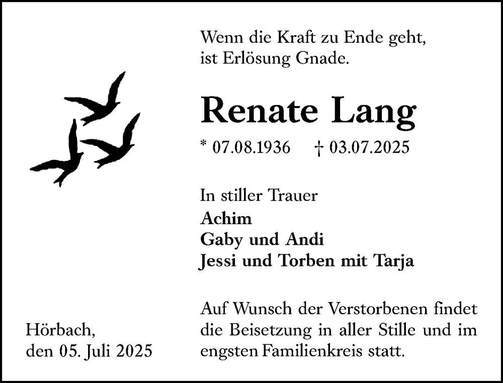  Traueranzeige für Renate Lang vom 05.07.2025 aus Dill Block