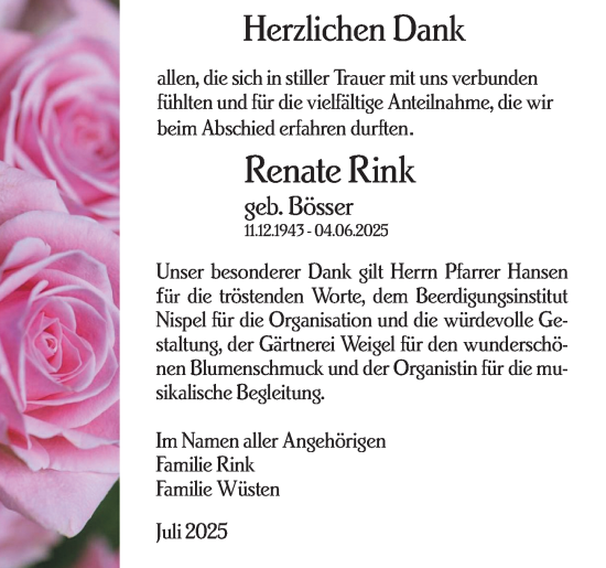 Traueranzeige von Renate Rink von Hinterländer Anzeiger