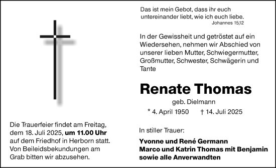Traueranzeige von Renate Thomas von Dill Block