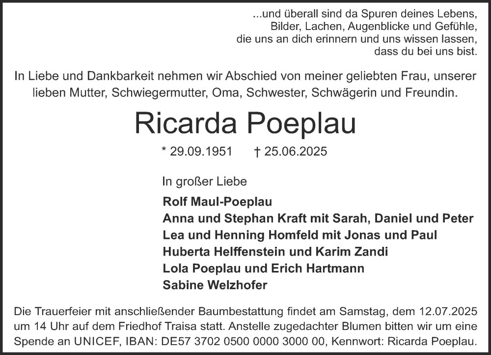  Traueranzeige für Ricarda Poeplau vom 05.07.2025 aus Darmstädter Echo