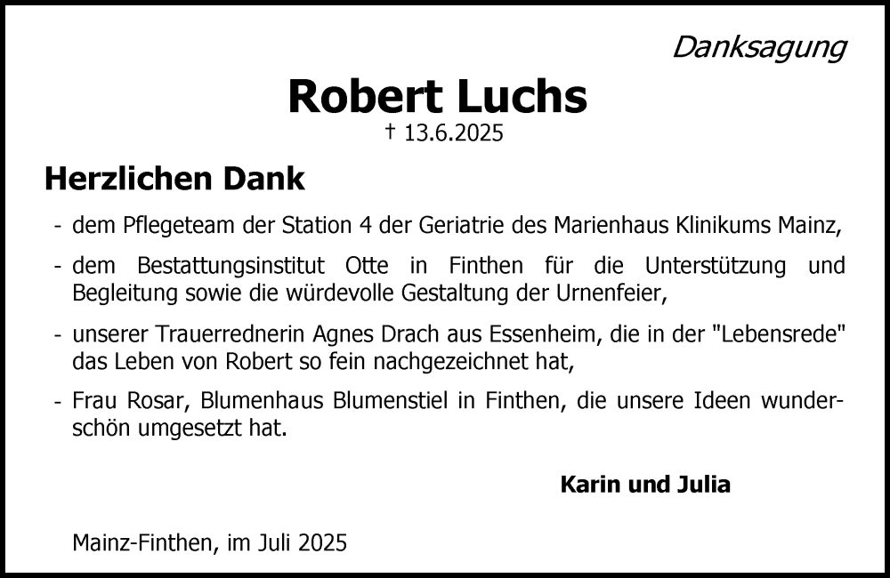  Traueranzeige für Robert Luchs vom 12.07.2025 aus Allgemeine Zeitung Mainz