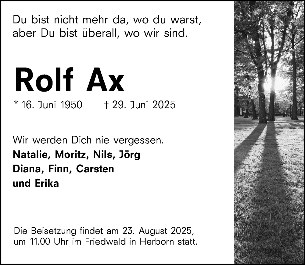  Traueranzeige für Rolf Ax vom 24.07.2025 aus Dill Block
