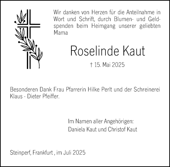 Traueranzeige von Roselinde Kaut von Hinterländer Anzeiger