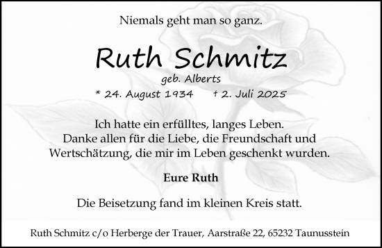 Traueranzeige von Ruth Schmitz von Wiesbadener Kurier
