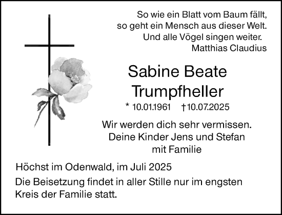 Traueranzeige von Sabine Beate Trumpfheller von Odenwälder Echo