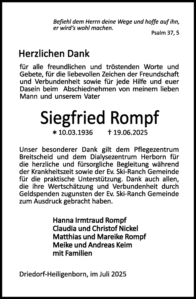  Traueranzeige für Siegfried Rompf vom 12.07.2025 aus Dill Block