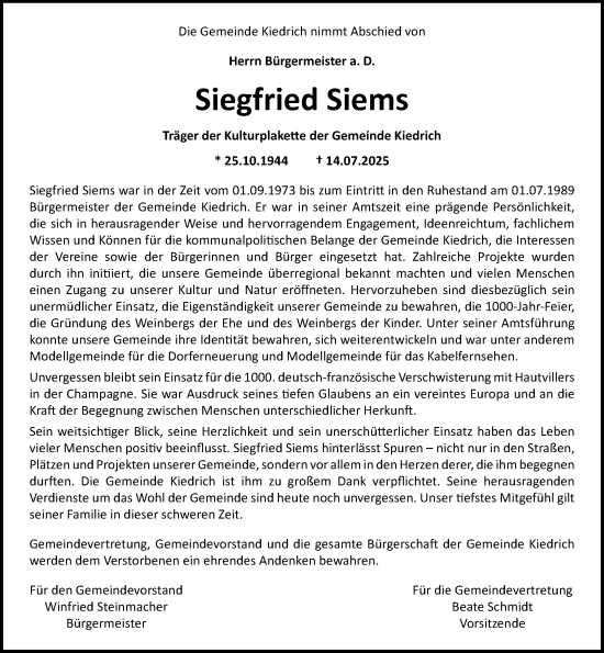 Traueranzeige von Siegfried Siems von Rheingau Kurier