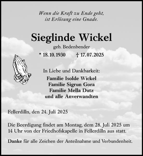 Traueranzeige von Sieglinde Wickel von Dill Block