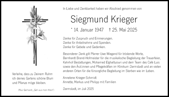 Traueranzeige von Siegmund Krieger von Darmstädter Echo