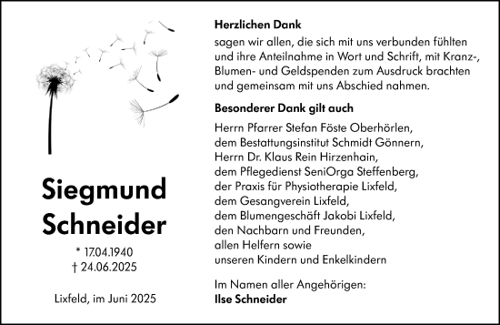 Traueranzeige von Siegmund Schneider von Hinterländer Anzeiger