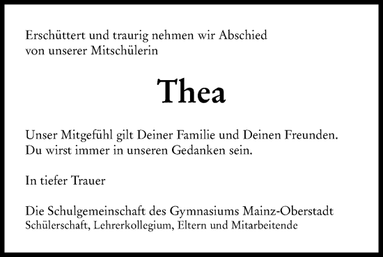 Traueranzeige von Thea  von Allgemeine Zeitung Mainz