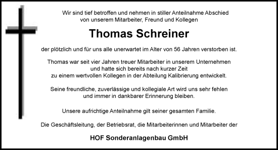 Traueranzeige von Thomas Schreiner von Hinterländer Anzeiger