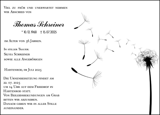 Traueranzeige von Thomas Schreiner von Hinterländer Anzeiger