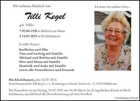 Traueranzeige von Tilli Kegel von Weilburger Tageblatt