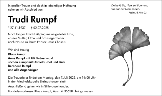 Traueranzeige von Trudi Rumpf von Wetzlarer Neue Zeitung