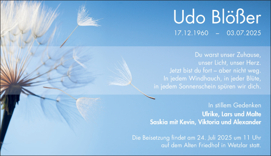 Traueranzeige von Udo Blößer von Wetzlarer Neue Zeitung