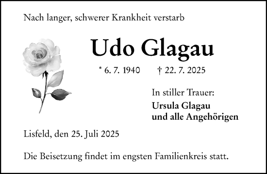 Traueranzeige von Udo Glagau von Hinterländer Anzeiger