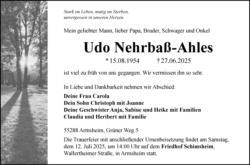 Traueranzeige für Udo Nehrbaß-Ahles vom 05.07.2025 aus Allgemeine Zeitung Alzey