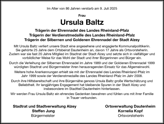 Traueranzeige von Ursula Baltz von Allgemeine Zeitung Alzey