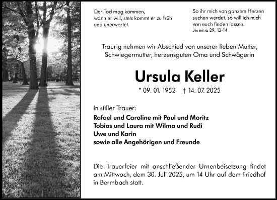 Traueranzeige von Ursula Keller von Weilburger Tageblatt