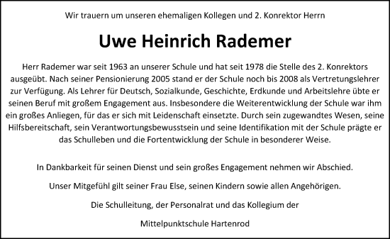 Traueranzeige von Uwe Heinrich Rademer von Hinterländer Anzeiger