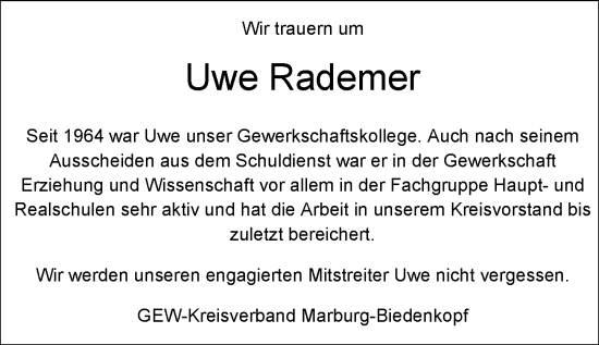 Traueranzeige von Uwe Heinrich Rademer von Hinterländer Anzeiger