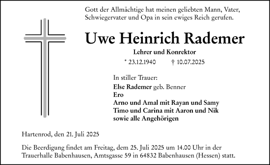 Traueranzeige von Uwe Heinrich Rademer von Hinterländer Anzeiger