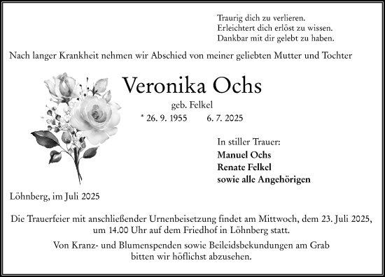 Traueranzeige von Veronika Ochs von Weilburger Tageblatt