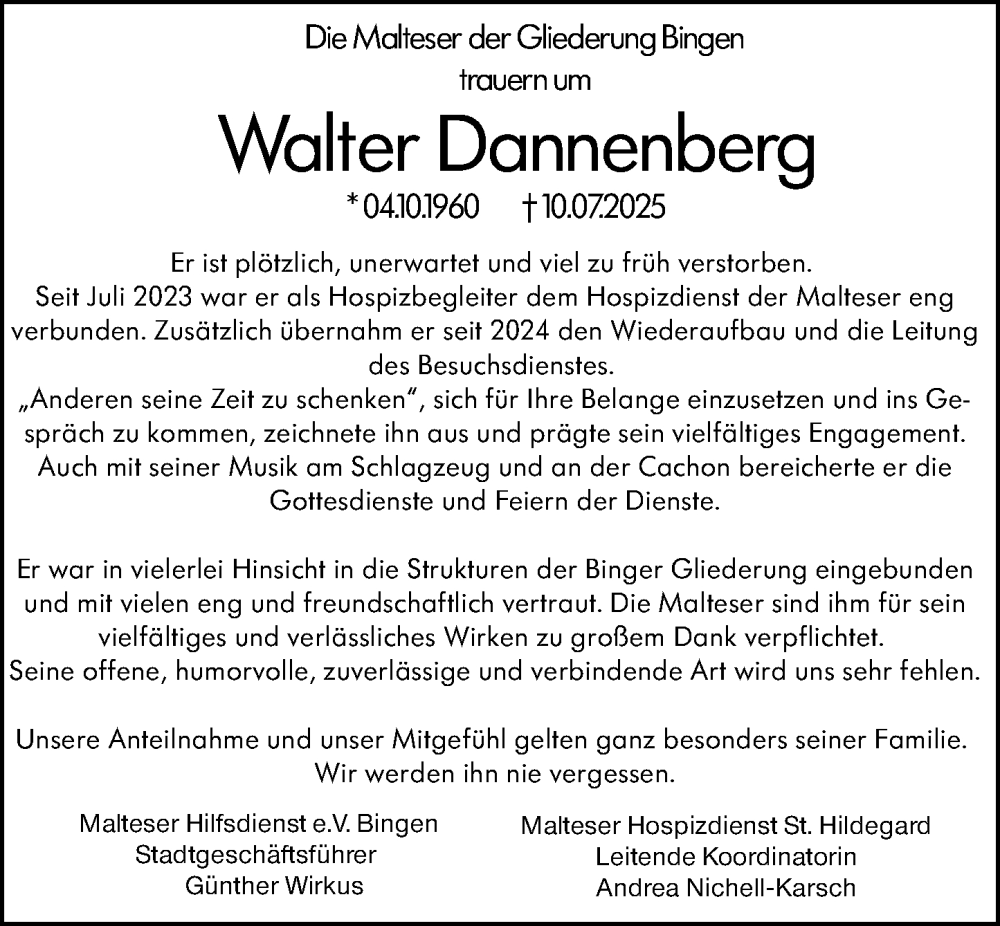  Traueranzeige für Walter Dannenberg vom 24.07.2025 aus Allgemeine Zeitung Rheinhessen-Nahe